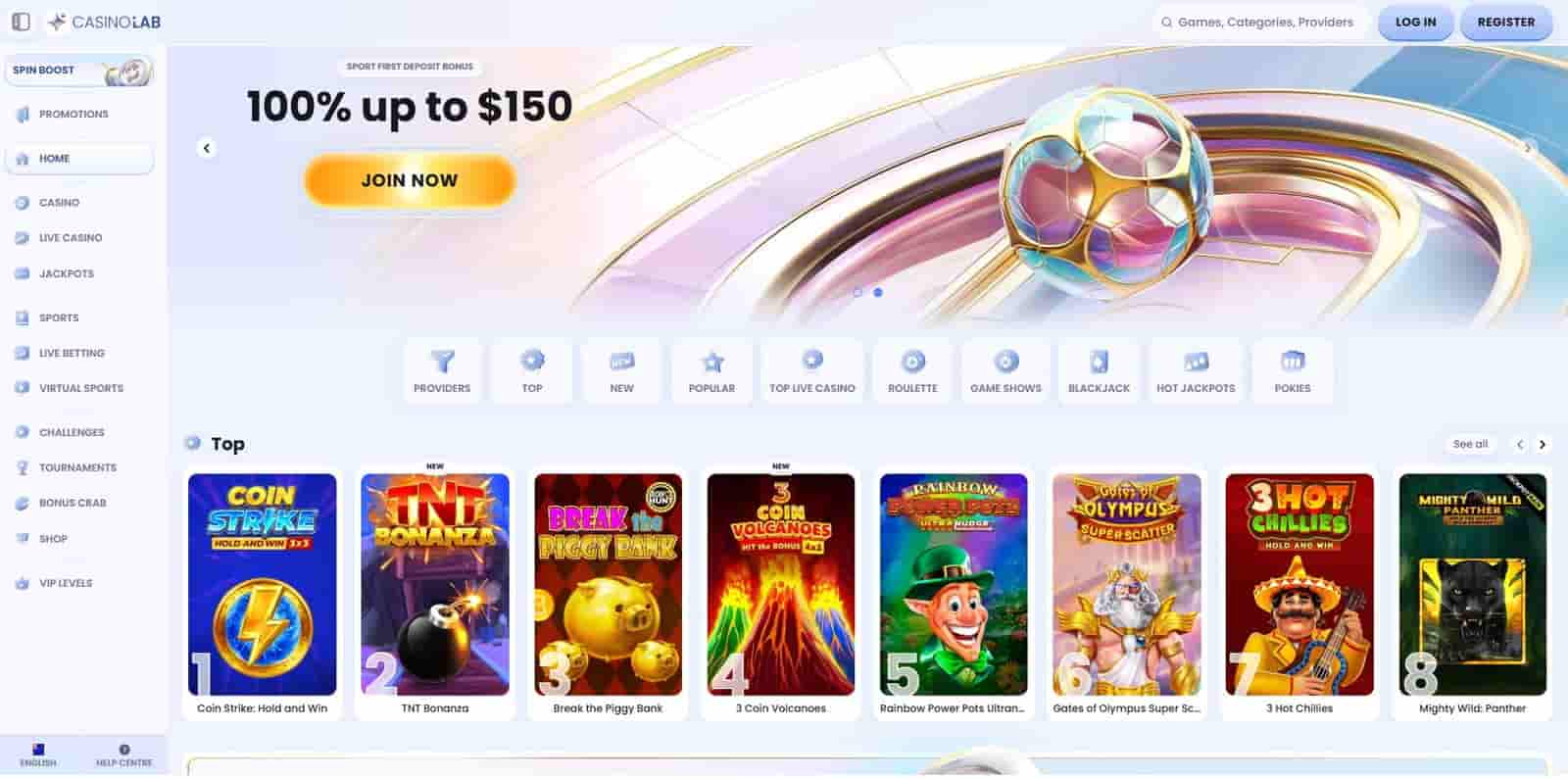 Casino Lab Australia homepage with games selection